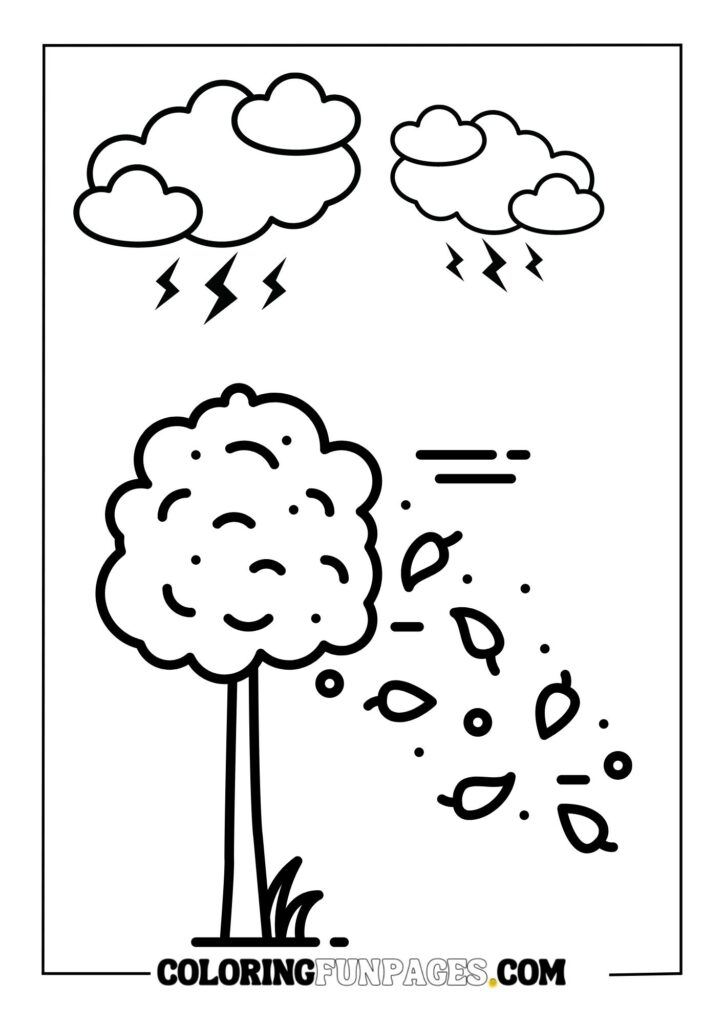 Thunderstrikes, Storm & Tree Fall Leaves Coloring Page